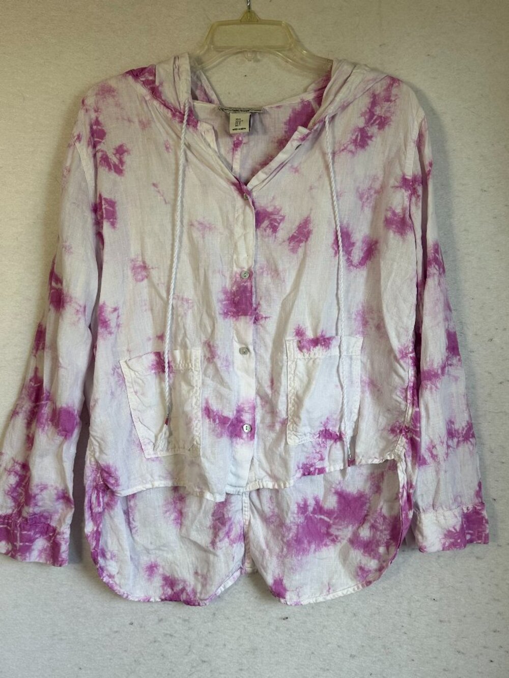 RACHEL ZOE Women S Linen Button Up Hoodie Top roll tab White & Purple Tye Dye